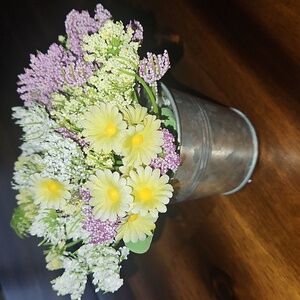 Handcrafted Floral Arrangement in Silver Bucket.